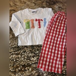 White Long-Sleeve Kids Pajama Top and Red Gingham Pajama Pants